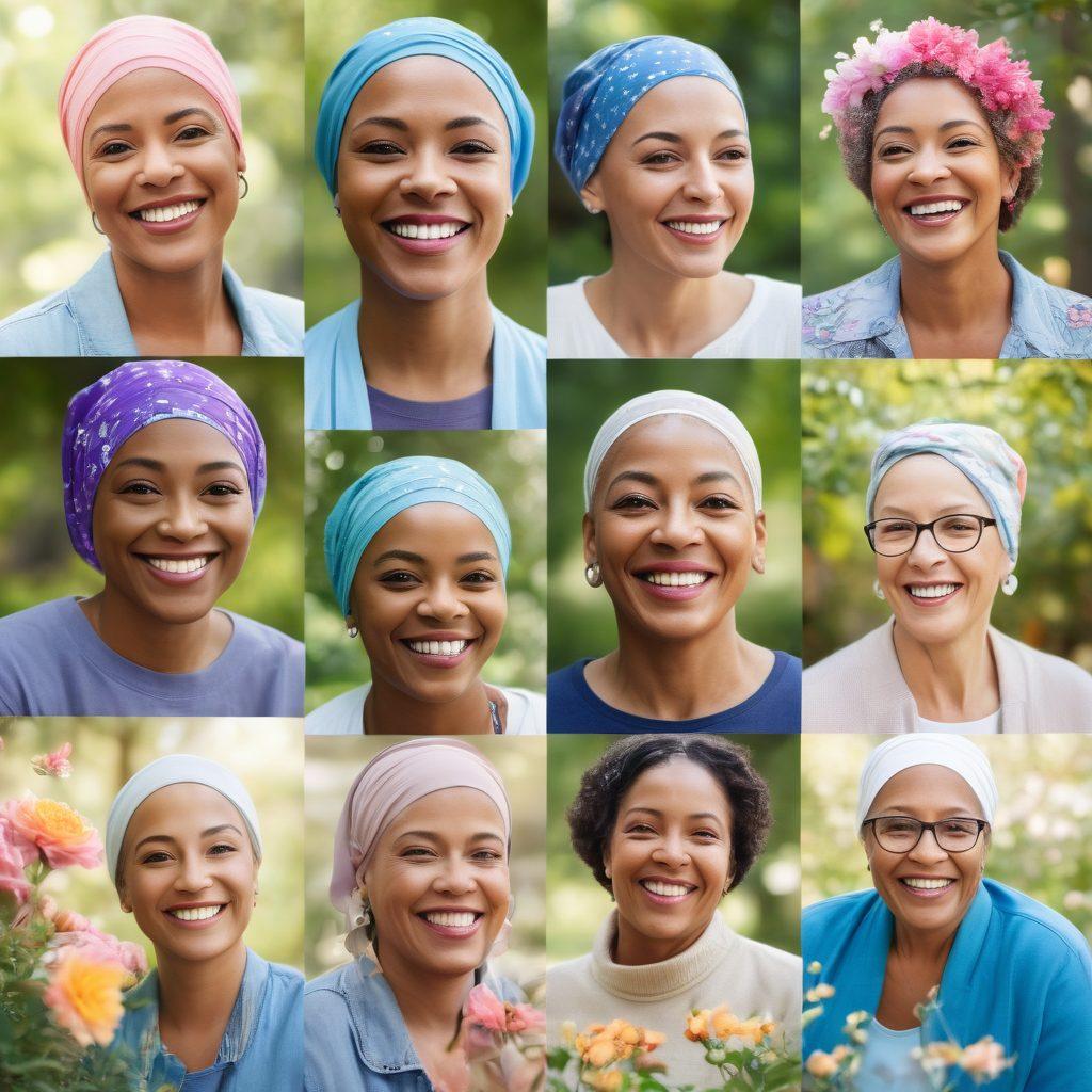A collage of diverse cancer survivors smiling and sharing their stories in a serene outdoor setting, with empowering quotes and essential resources displayed subtly in the background. Incorporate elements of hope like blooming flowers and sunlight filtering through trees. The overall mood should be uplifting and inspiring. super-realistic. vibrant colors. soft focus.
