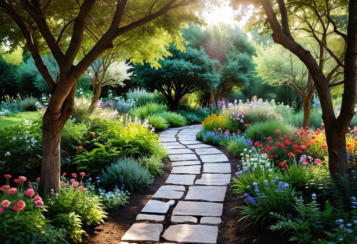 A serene pathway winding through a vibrant garden, symbolizing the journey of cancer treatment and holistic healing. Include a diverse group of people engaged in discussions, with a backdrop of blooming flowers and soft sunlight filtering through trees, representing hope and unity. Integrate symbols of traditional and alternative therapies, like medicine bottles and herbal plants, along the path. soft-focus. vibrant colors. peaceful atmosphere. digital painting.
