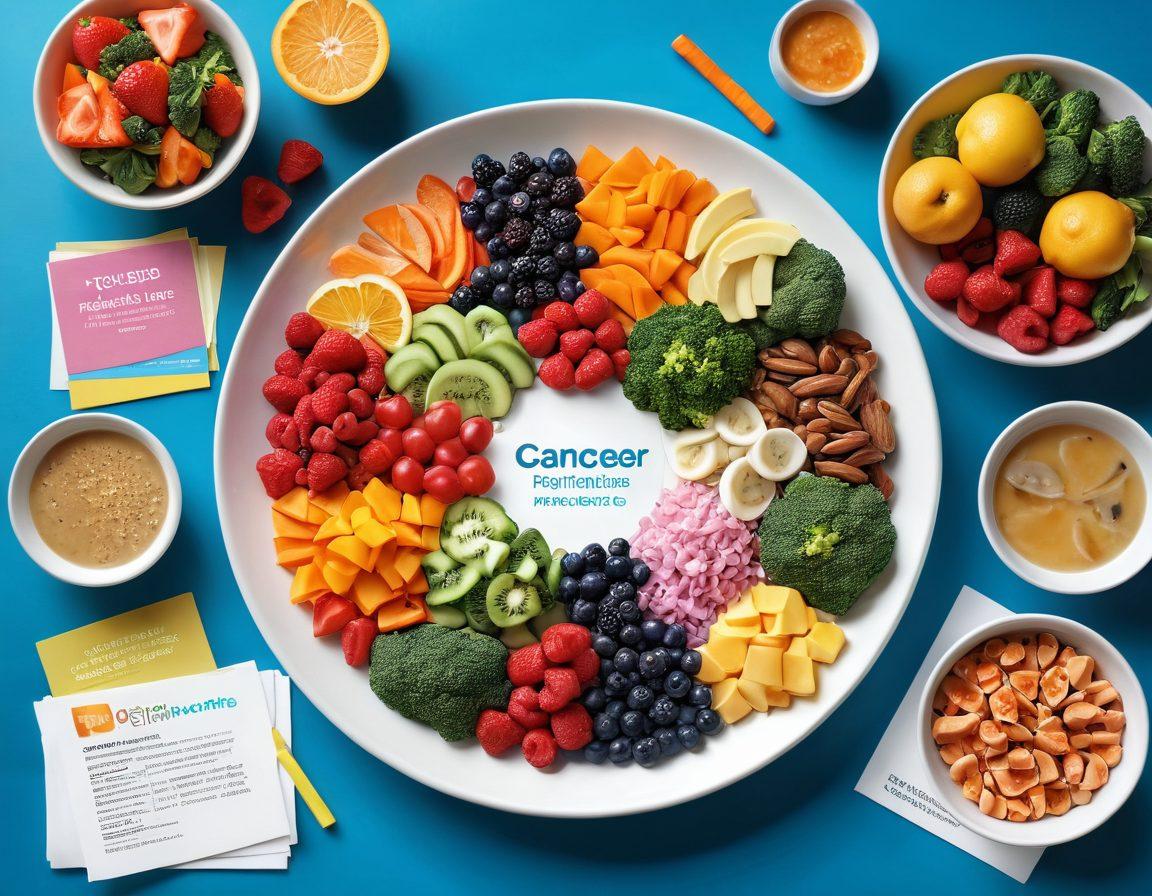 A vibrant display of essential resources for cancer care, featuring a colorful plate of nutritious foods, a warm support group circle with diverse individuals, and informative pamphlets on prevention strategies. The background is bright and uplifting, symbolizing hope and resilience. super-realistic. vibrant colors. 3D.